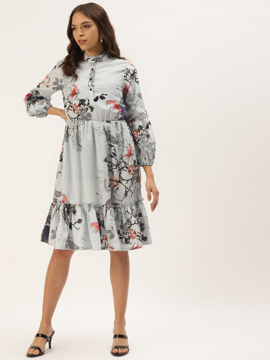 

Zastraa Floral Print Crepe Fit & Flare Dress, Grey