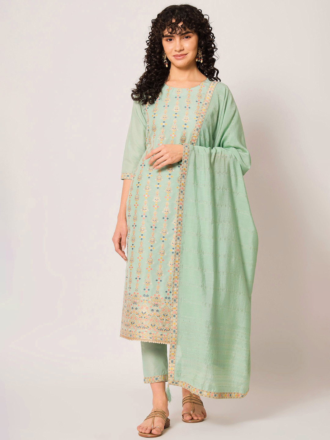 

Shopping Queen Ethnic Motifs Woven Design Kurta With Trousers & Dupatta, Green