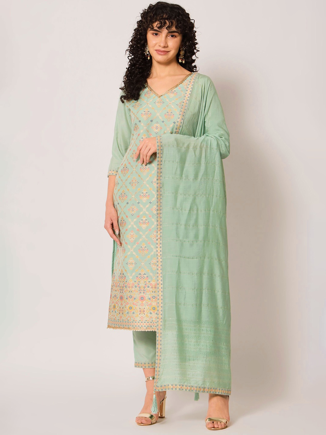 Shopping Queen Ethnic Motifs Woven Design Kurta With Trousers & Dupatta, Green