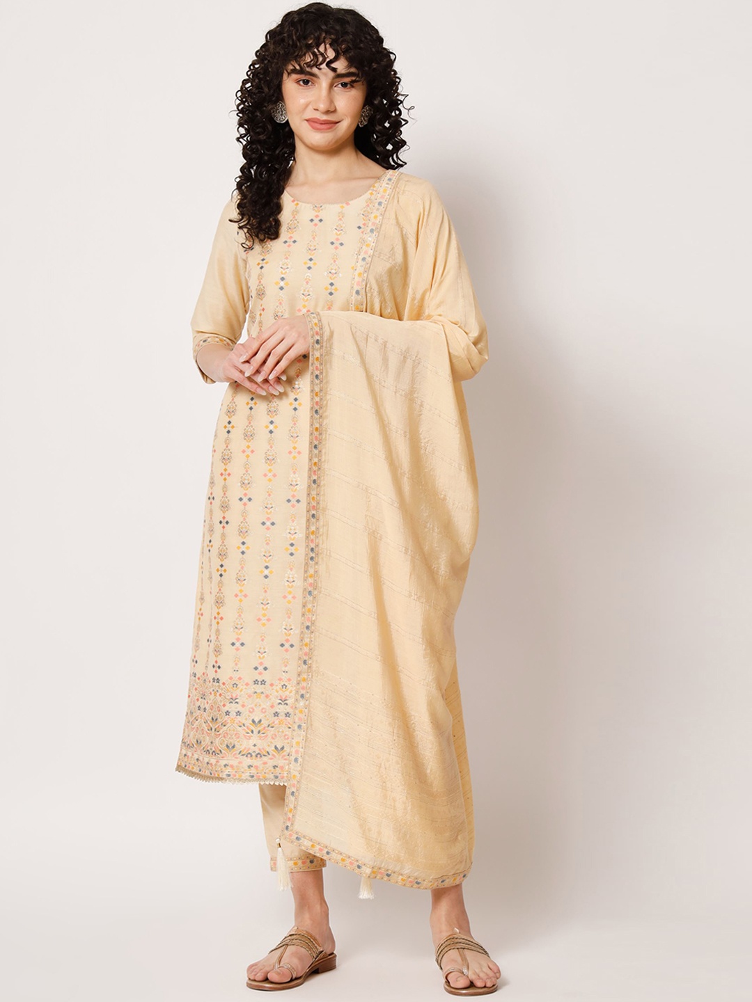 

Shopping Queen Ethnic Motifs Woven Design Kurta With Trousers & Dupatta, Cream