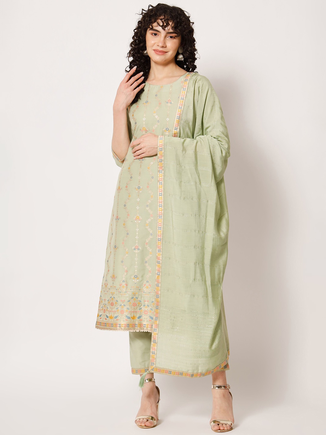 

Shopping Queen Floral Woven Design Gotta Patti Kurta With Trousers & Dupatta, Green