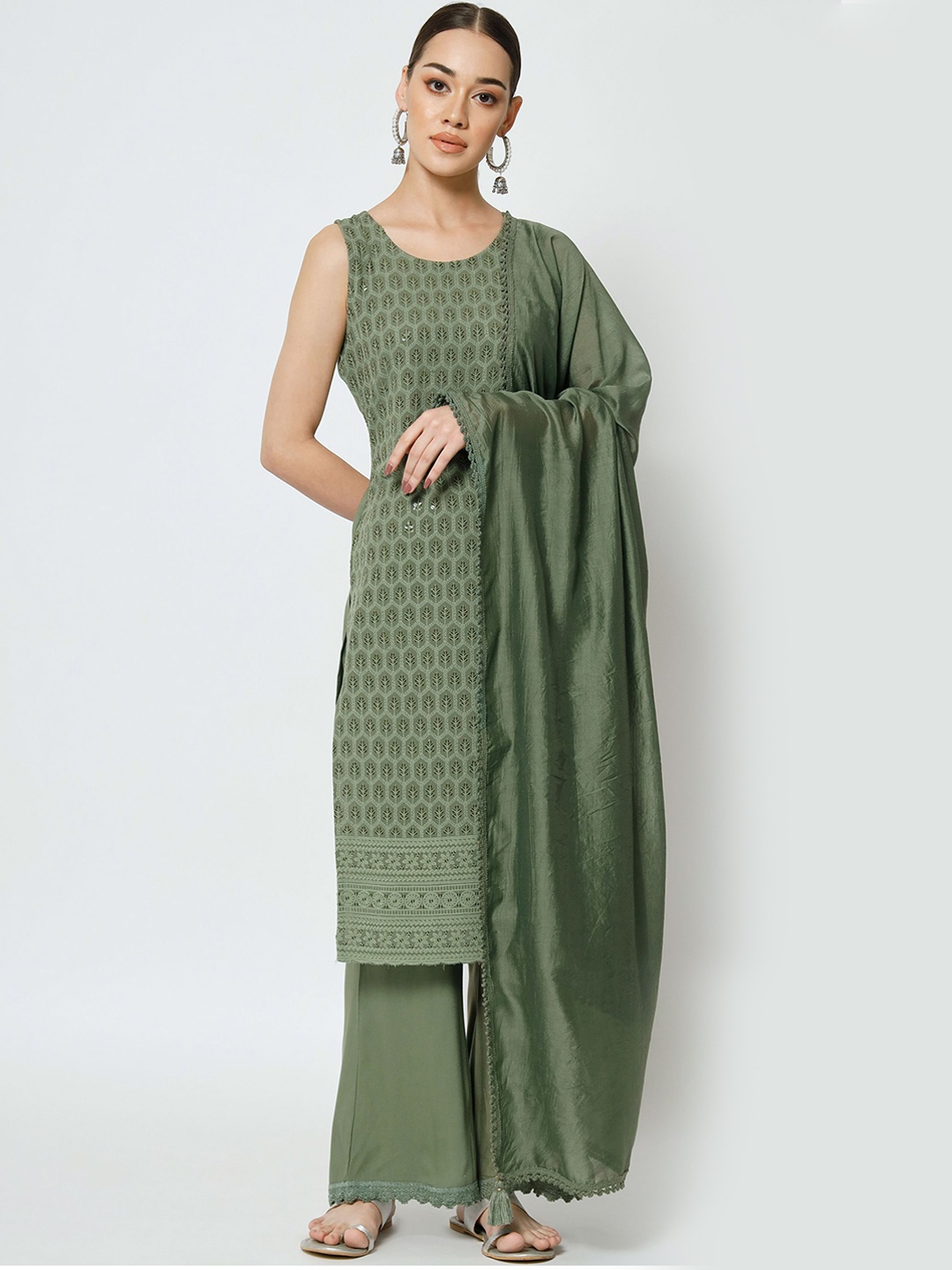 

Shopping Queen Floral Chikankari Embroidered Kurta With Palazzos & Dupatta, Green