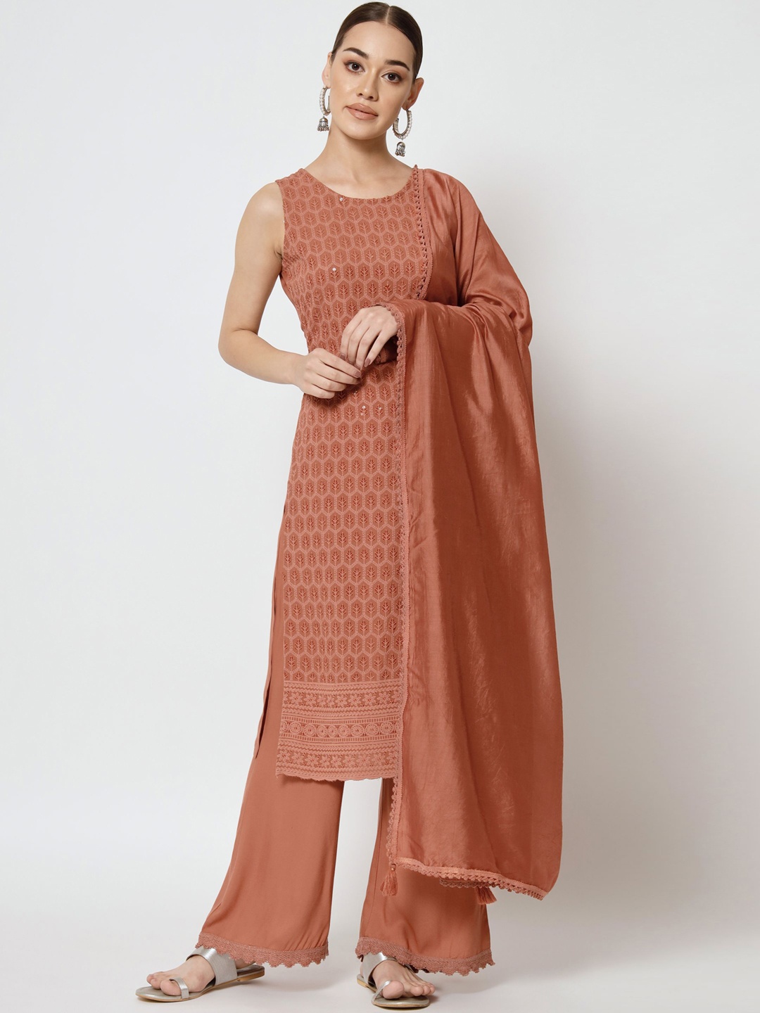 

Shopping Queen Floral Chikankari Embroidered Kurta With Palazzos & Dupatta, Orange