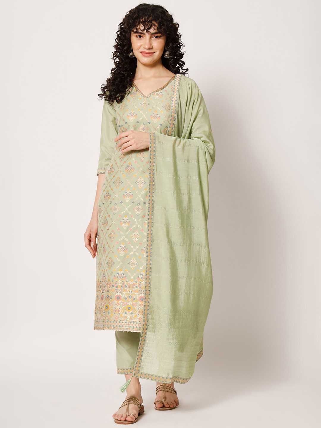 

Shopping Queen Ethnic Motifs Woven Design Kurta With Trousers & Dupatta, Green