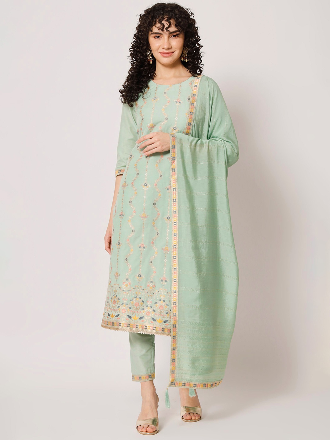 

Shopping Queen Ethnic Motifs Woven Design Kurta With Trousers & Dupatta, Sea green