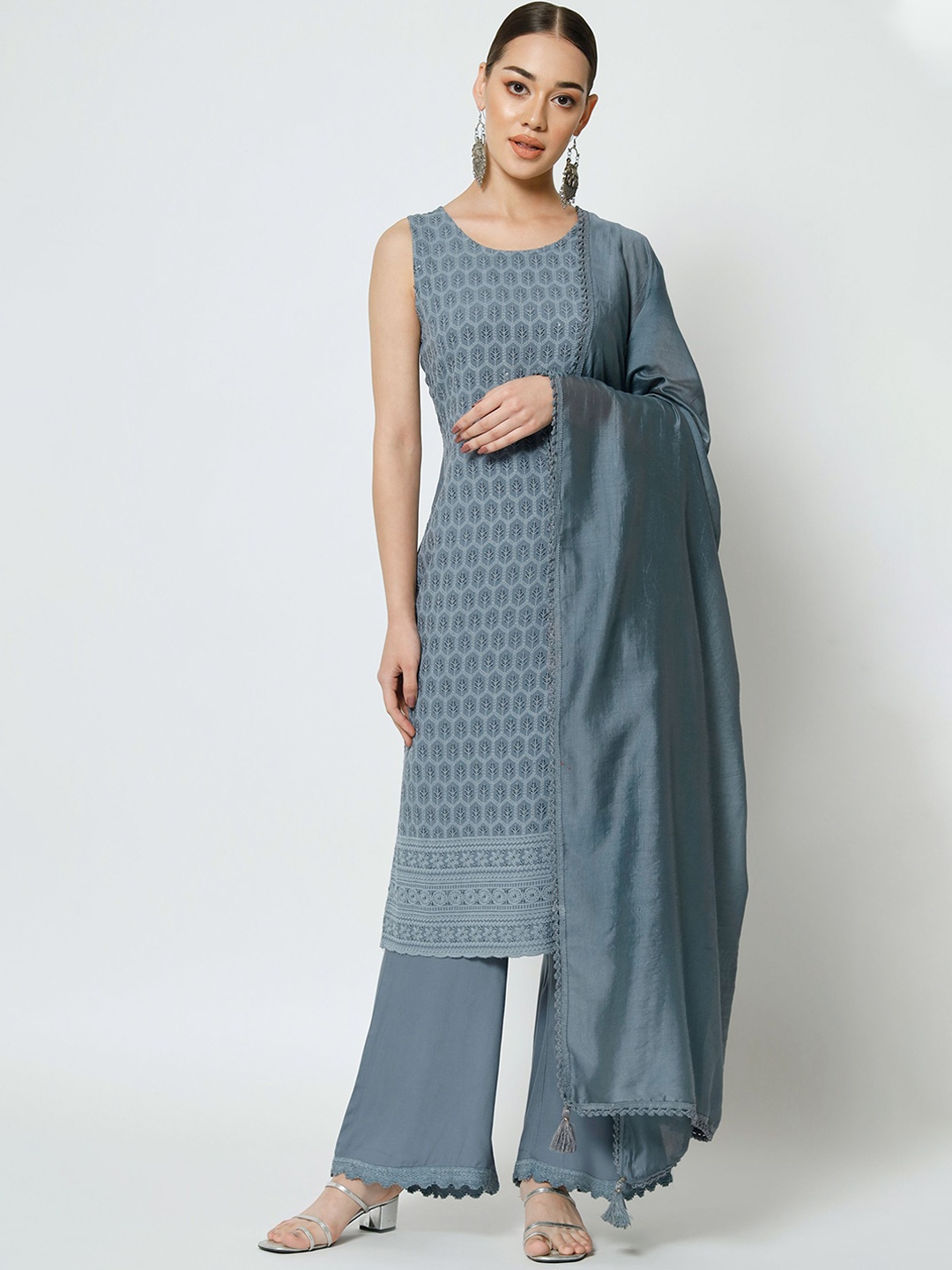 

Shopping Queen Floral Chikankari Embroidered Kurta With Palazzos & Dupatta, Grey