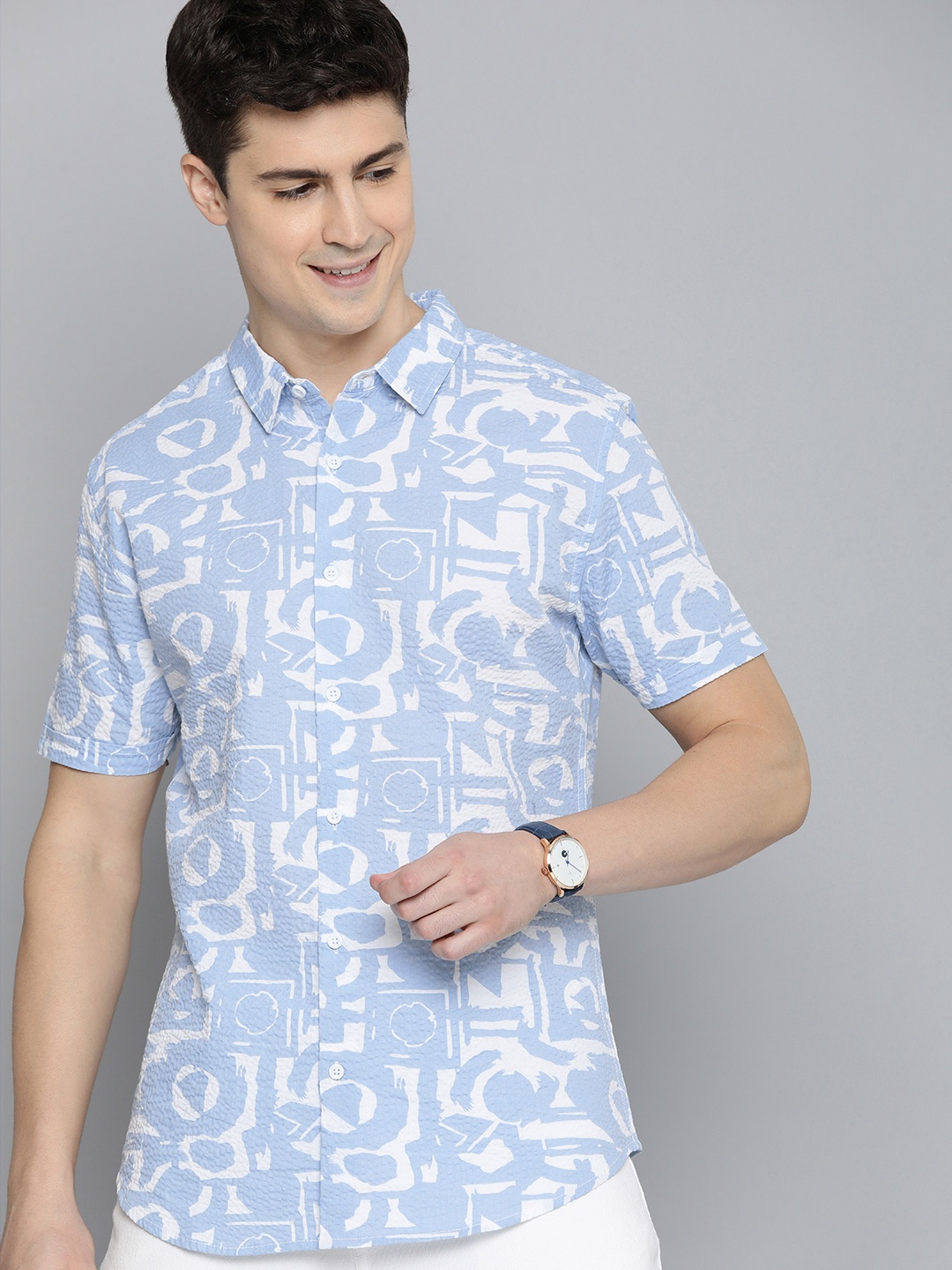 

HERE&NOW Men Slim Fit Opaque Printed Cotton Casual Shirt, Turquoise blue