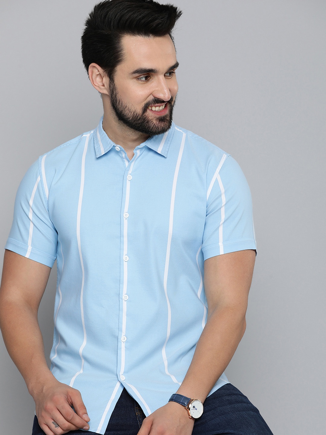 

HERE&NOW Men Slim Fit Opaque Striped Casual Shirt, Turquoise blue