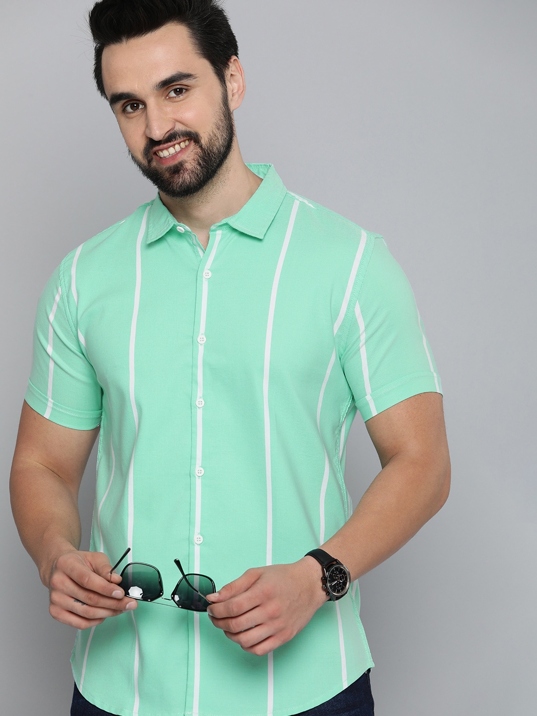 

HERE&NOW Men Slim Fit Opaque Striped Casual Shirt, Sea green