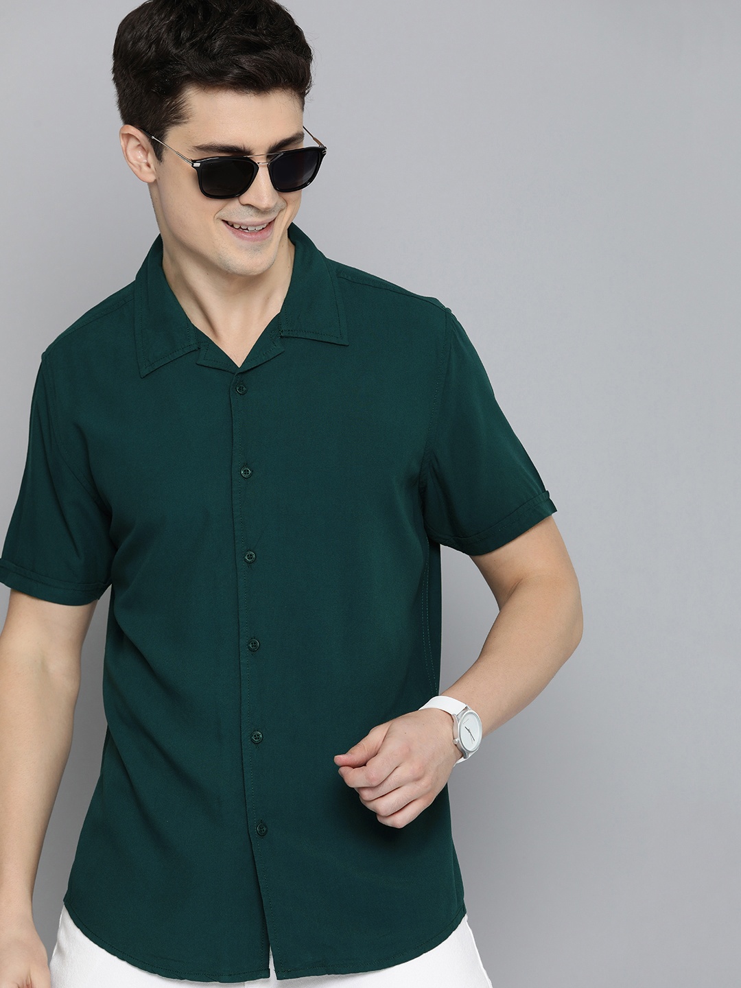 

HERE&NOW Men Slim Fit Opaque Casual Shirt, Green