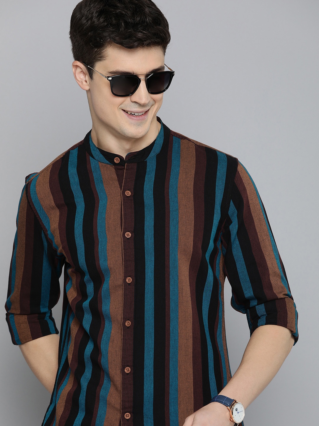 

HERE&NOW Men Slim Fit Opaque Striped Cotton Casual Shirt, Multi