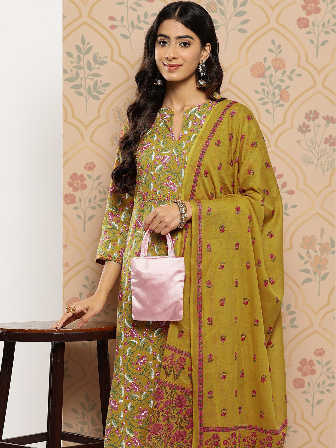 

Yufta Women Mustard Yellow Floral Yoke Design Regular Sequinned Pure Cotton Kurta with Trousers & With