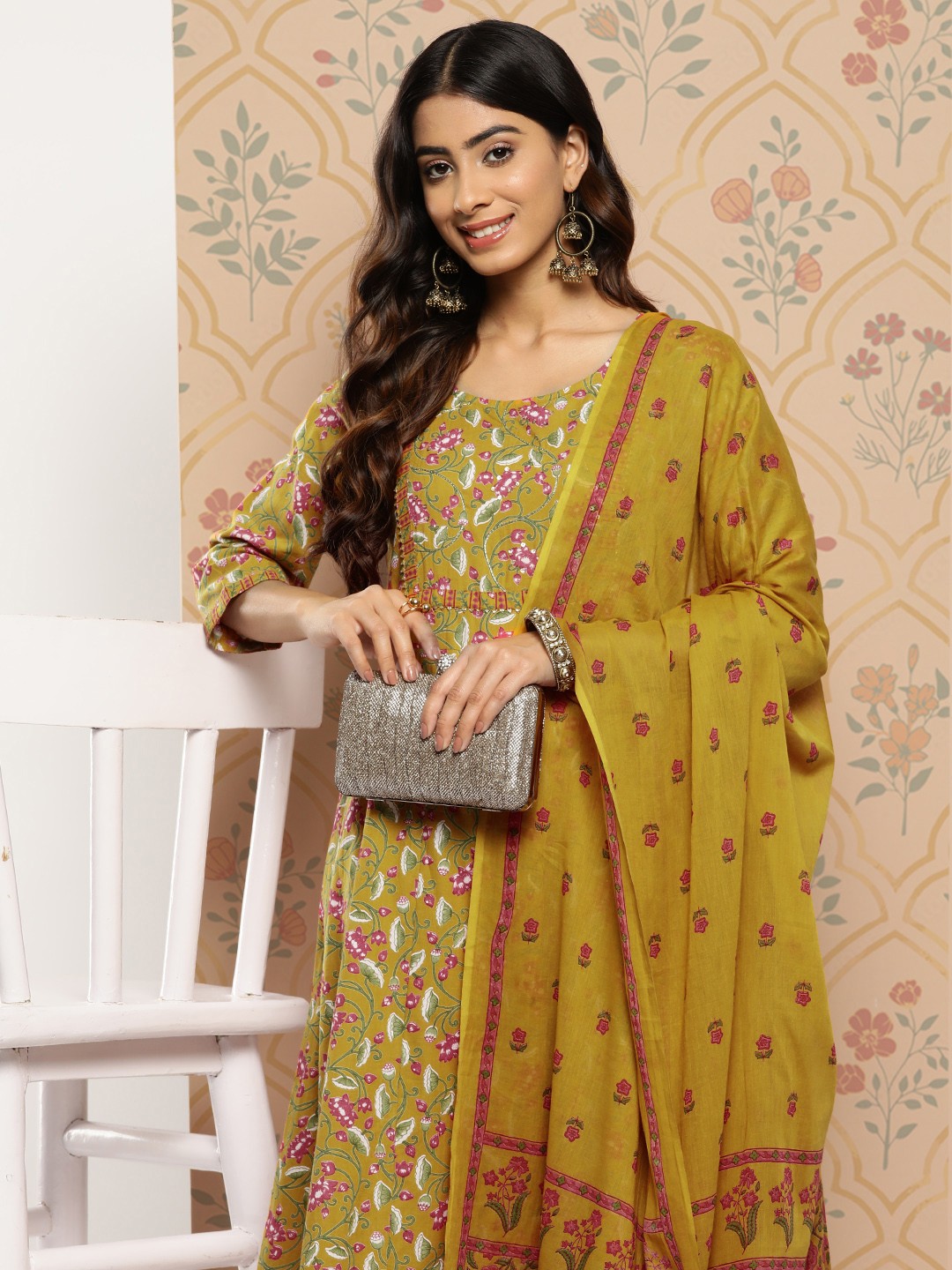 

Yufta Women Mustard Yellow Floral Yoke Design Regular Sequinned Pure Cotton Kurta with Trousers & With