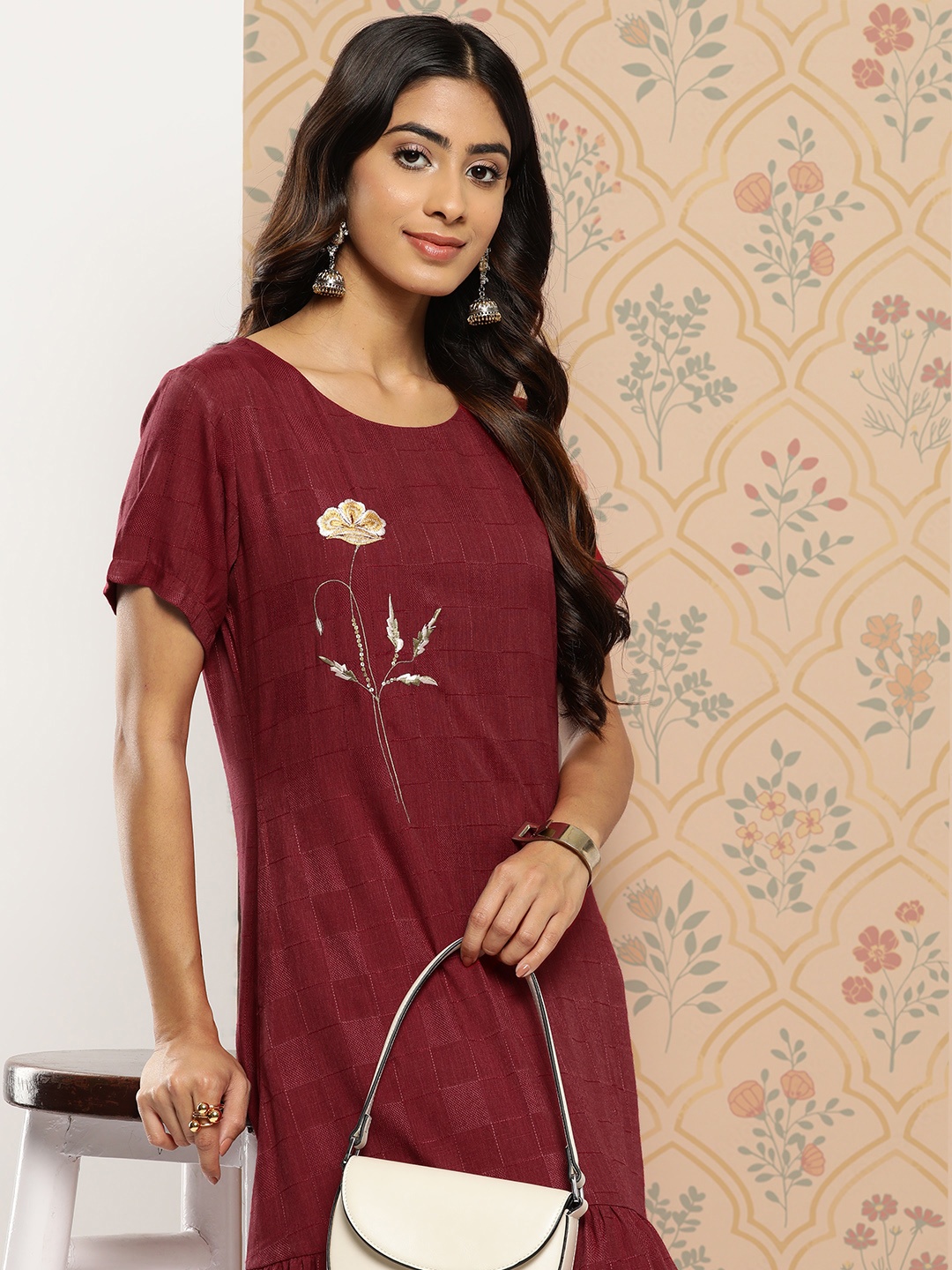 

Yufta Maroon & Maroon Floral Embroidered A-Line Midi Dress