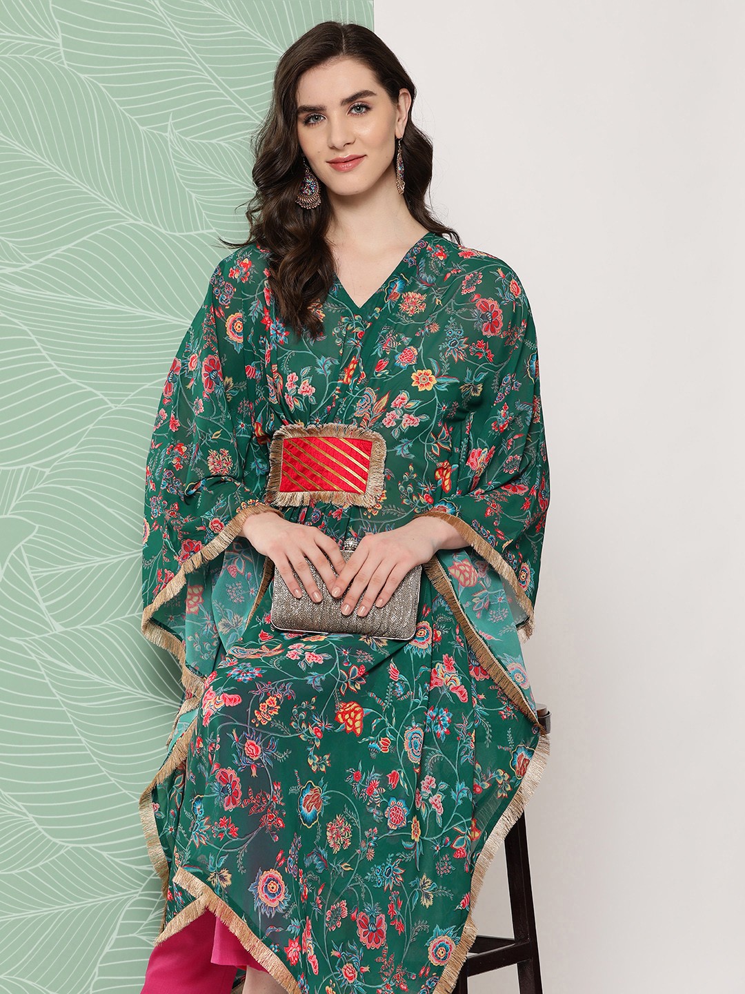 

Ahalyaa Women Floral Printed Flared Sleeves Patchwork Georgette Kaftan Kurta, Green