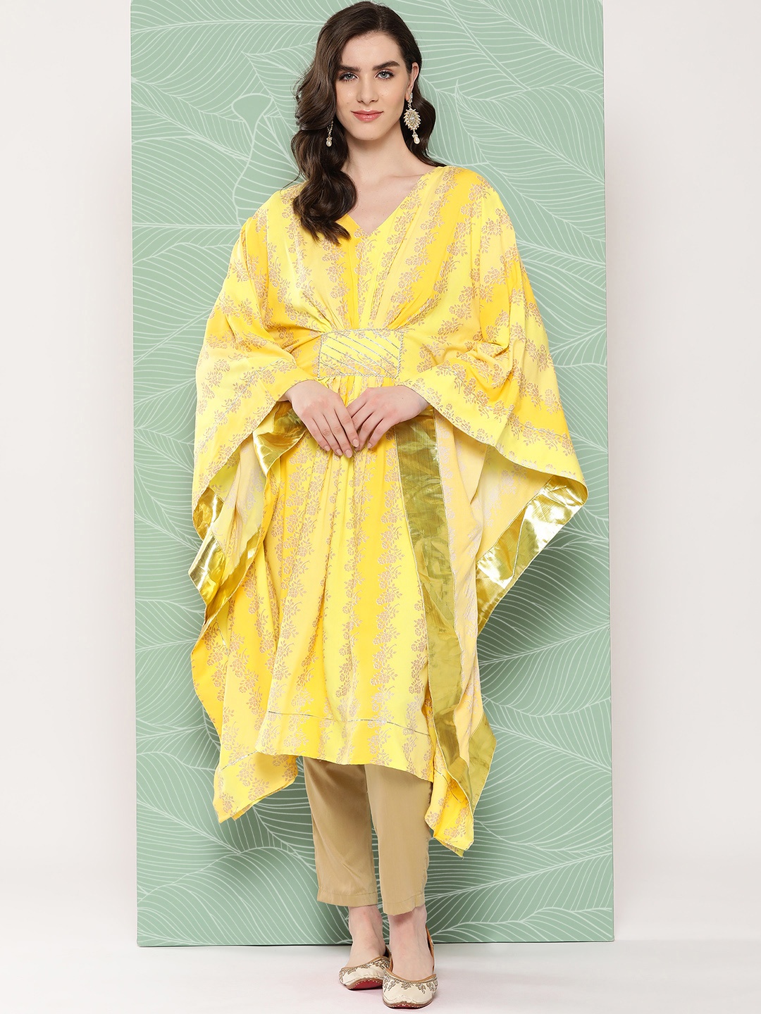 

Ahalyaa Women Ethnic Motifs Printed Flared Sleeves Gotta Patti Kaftan Kurta, Yellow