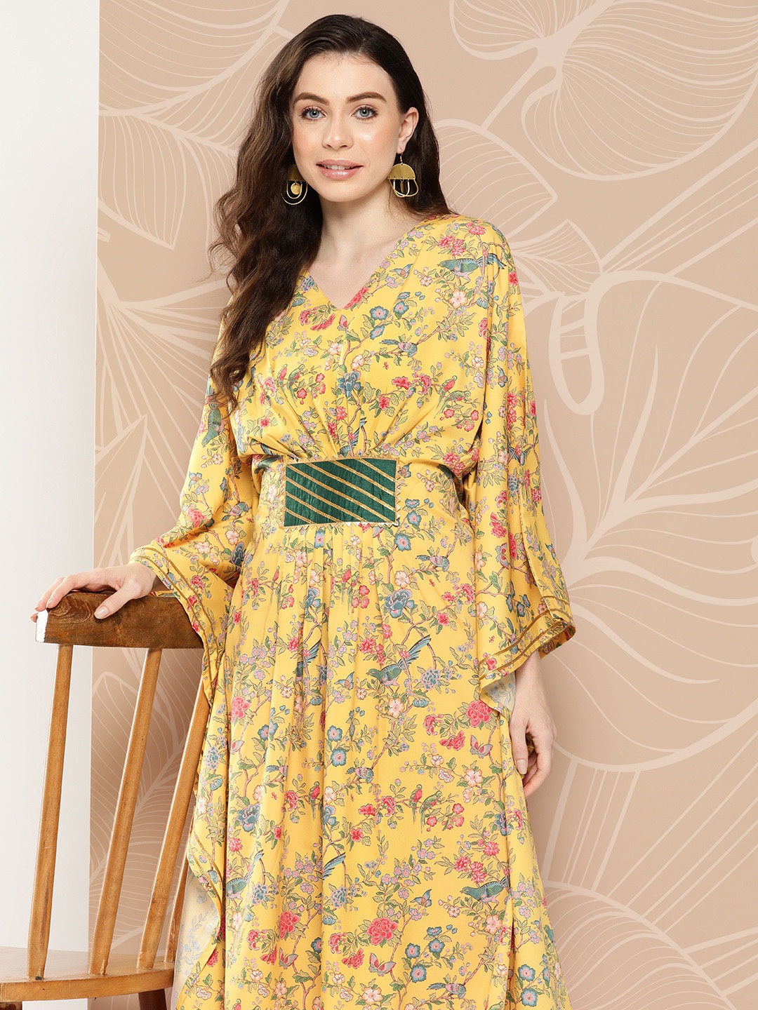 

Ahalyaa Women Floral Printed Flared Sleeves Gotta Patti Floral Crepe Kaftan Kurta, Yellow