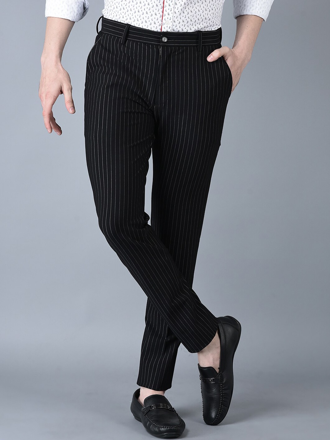 

CANOE Men Black Striped Smart High-Rise Pure Cotton Trousers