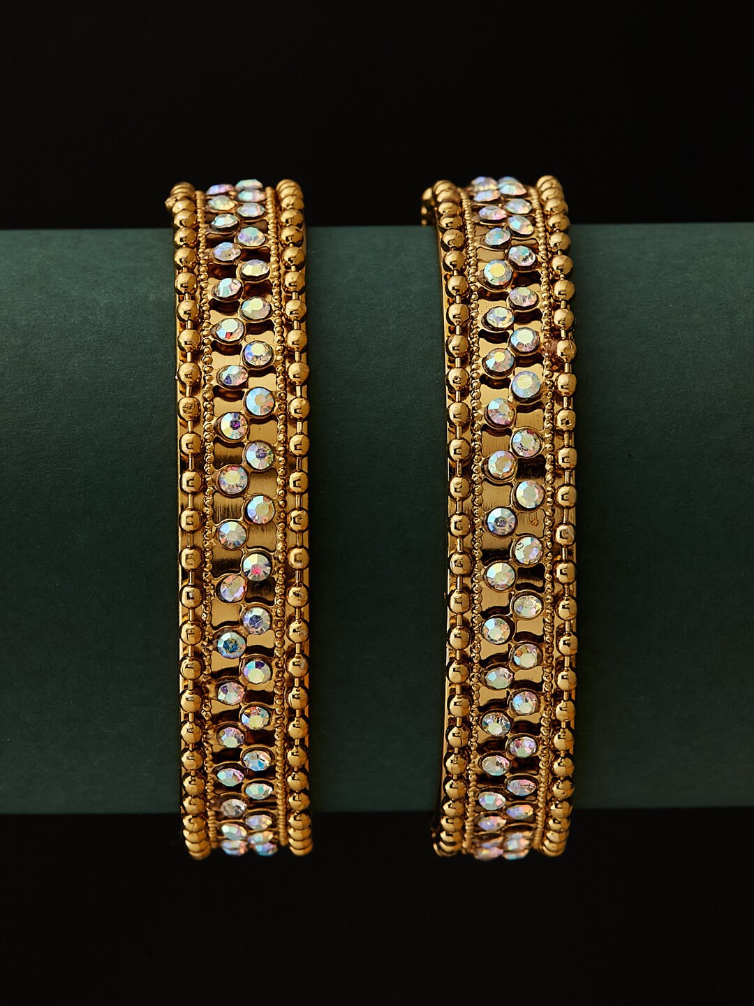 

ATIBELLE Set Of 2 Gold-Plated Metallic Stone Studded Intricate Textured Bangles