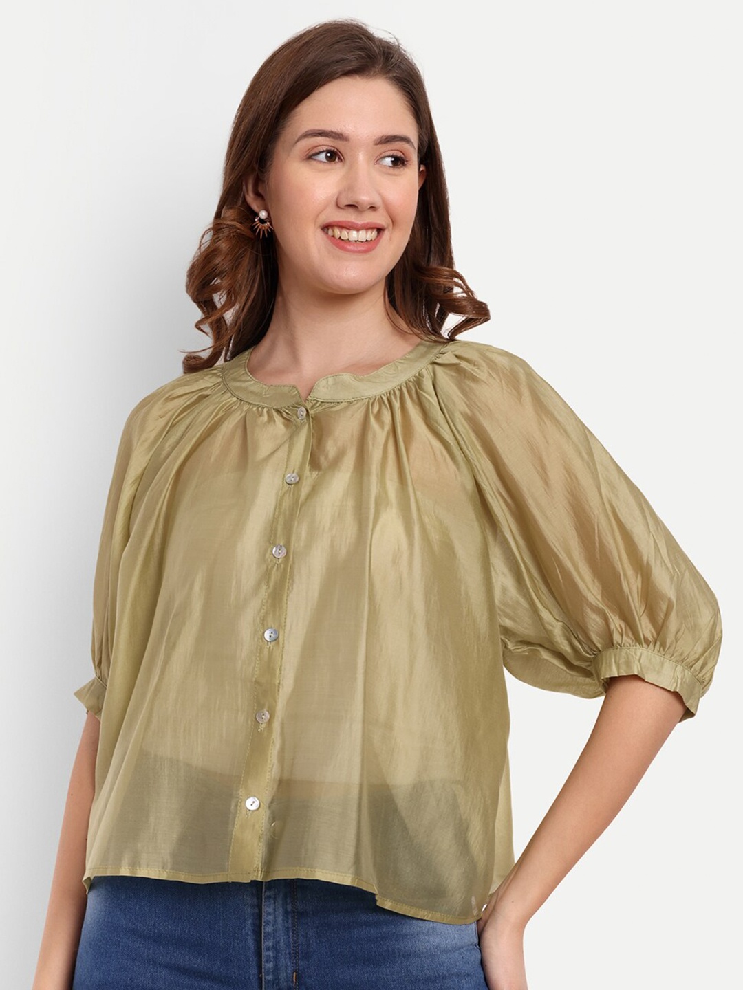 

iki chic Green Mandarin Collar Puff Sleeves Gathered Sheer Cotton Silk Shirt Style Top