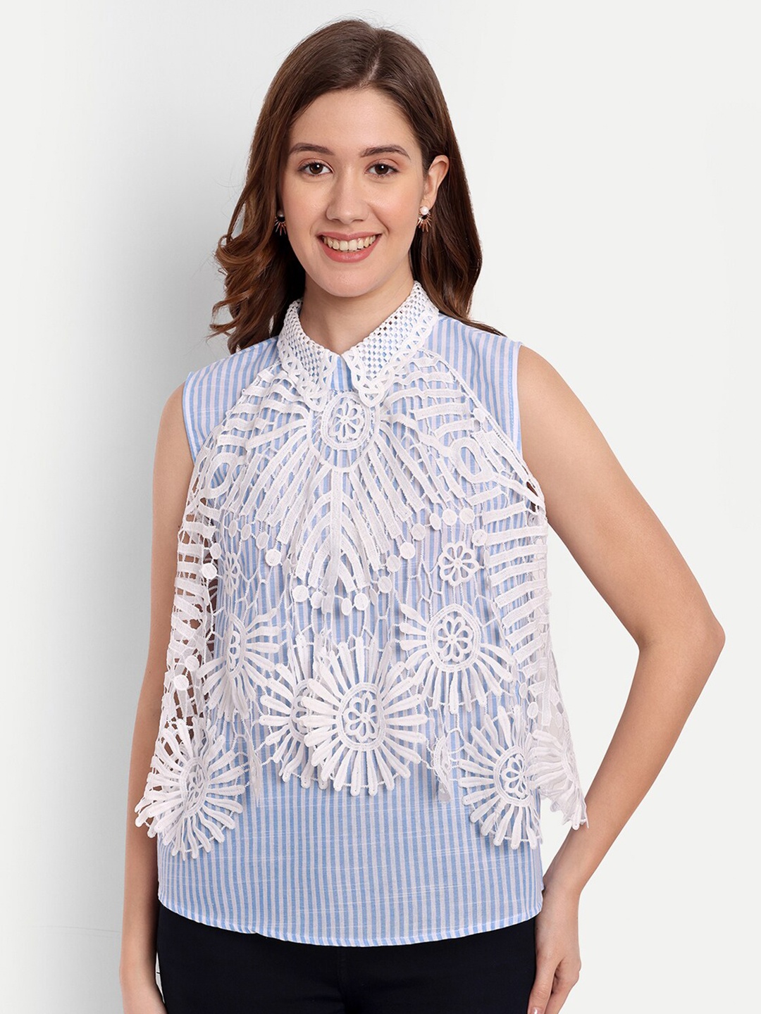 

iki chic Blue & White Striped Shirt Collar Sleeveless Lace Inserts Top