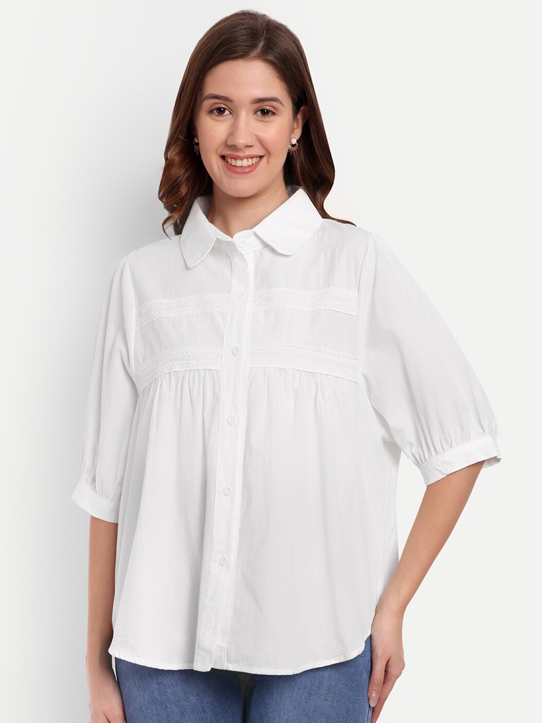 

iki chic White Puff Sleeves Lace Inserts Pure Cotton Shirt Style Top