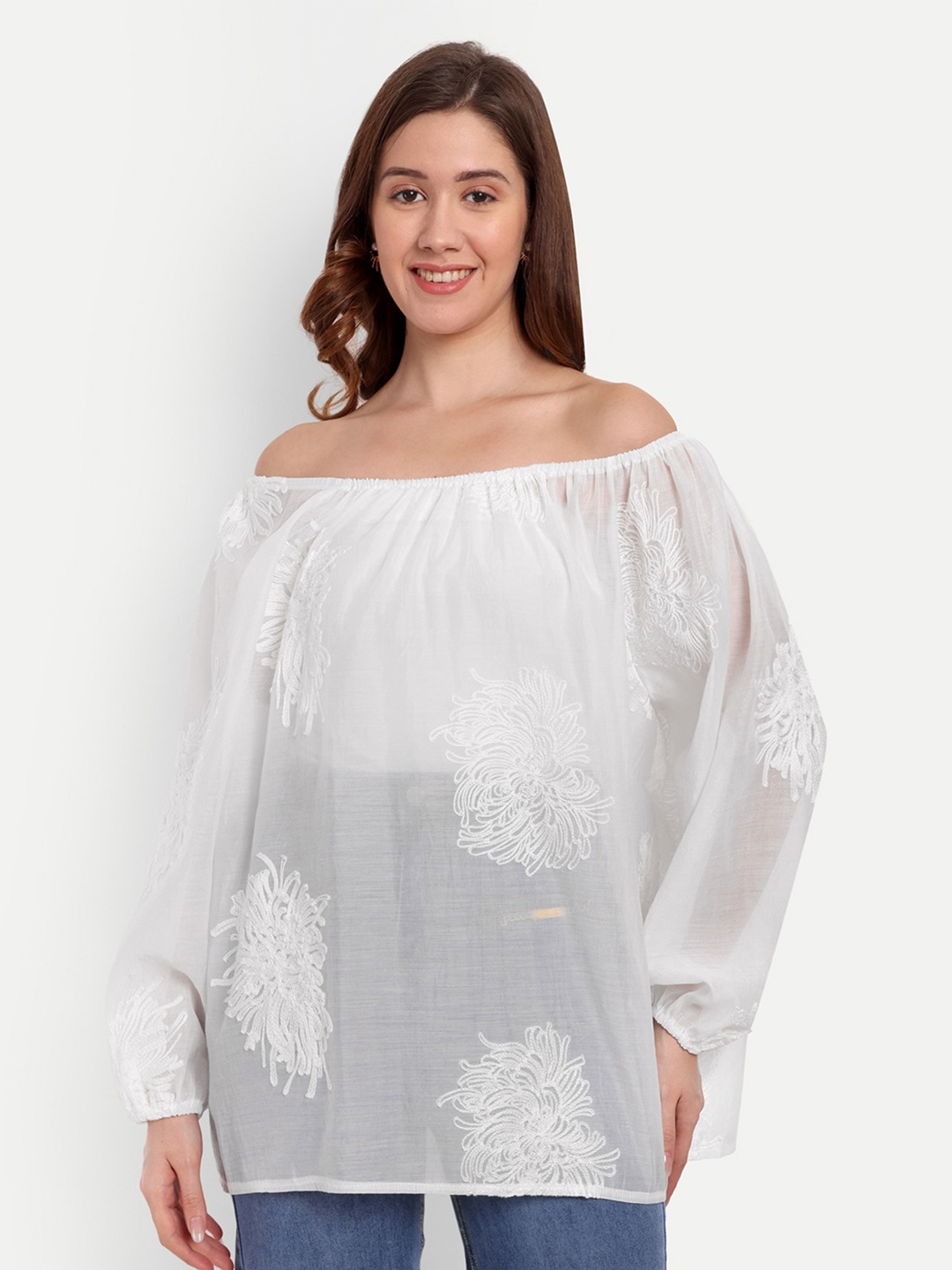 

iki chic White Floral Embroidered Off-Shoulder Puff Sleeves Sheer Bardot Top