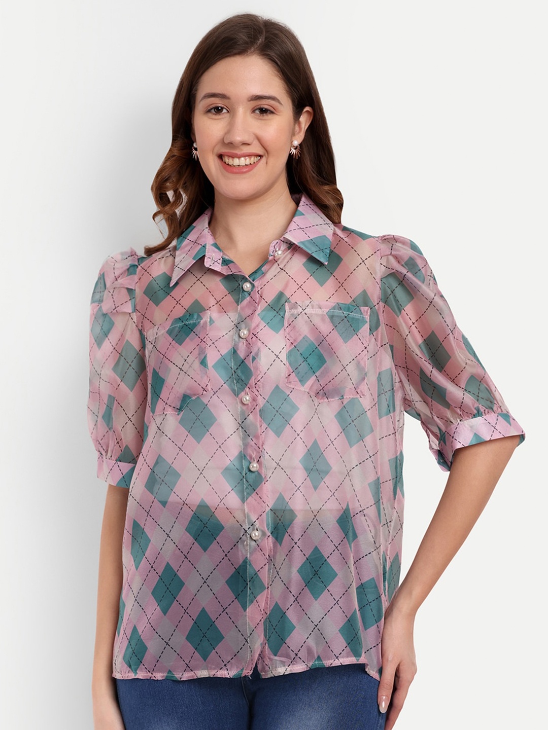 

iki chic Pink & Green Printed Puff Sleeves Shirt Style Top