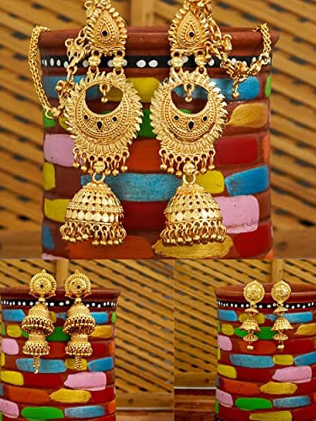 

MANSIYAORANGE Set Of 3 Gold-Plated Jhumkas Earrings