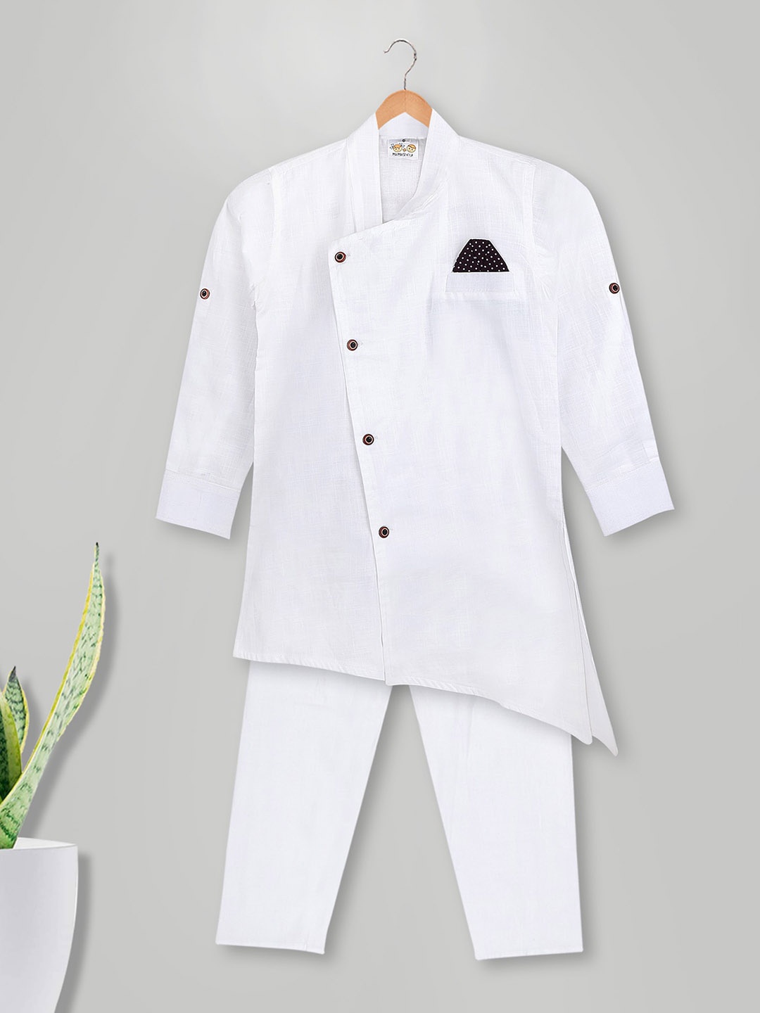 

MIMISKU Boys Mandarin Collar Pure Cotton Asymmetric Kurta With Pyjamas, White