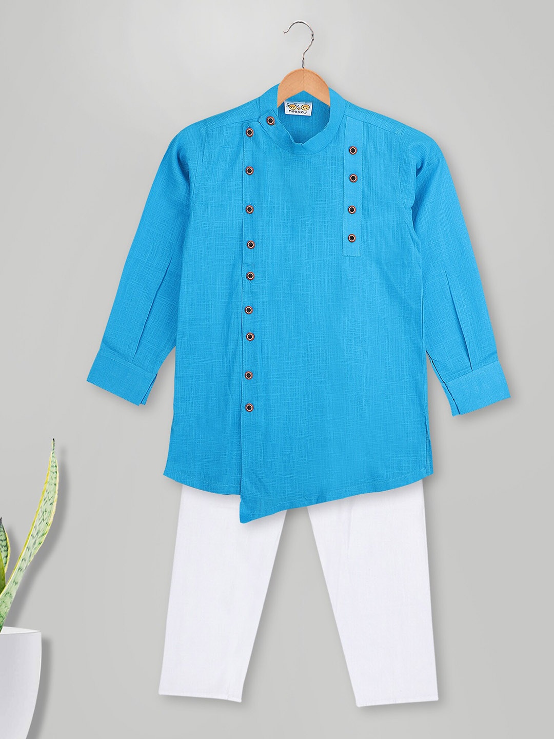 

MIMISKU Boys Band Collar Pure Cotton Asymmetric Kurta With Pyjamas, Blue