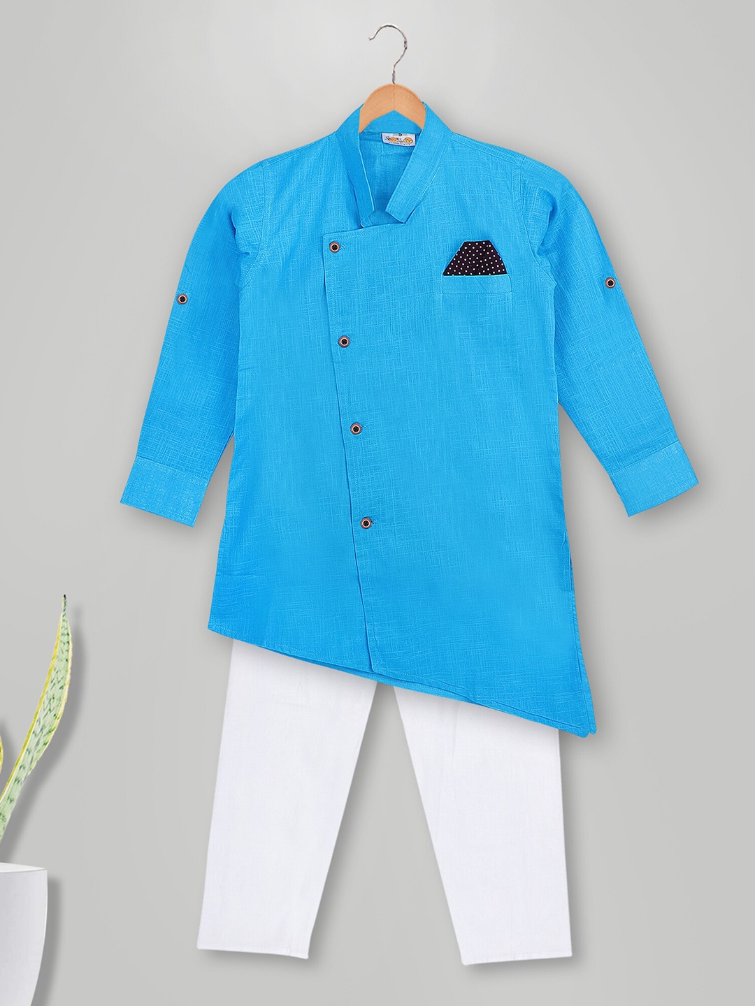 

MIMISKU Boys Mandarin Collar Pure Cotton Asymmetric Kurta With Pyjamas, Blue