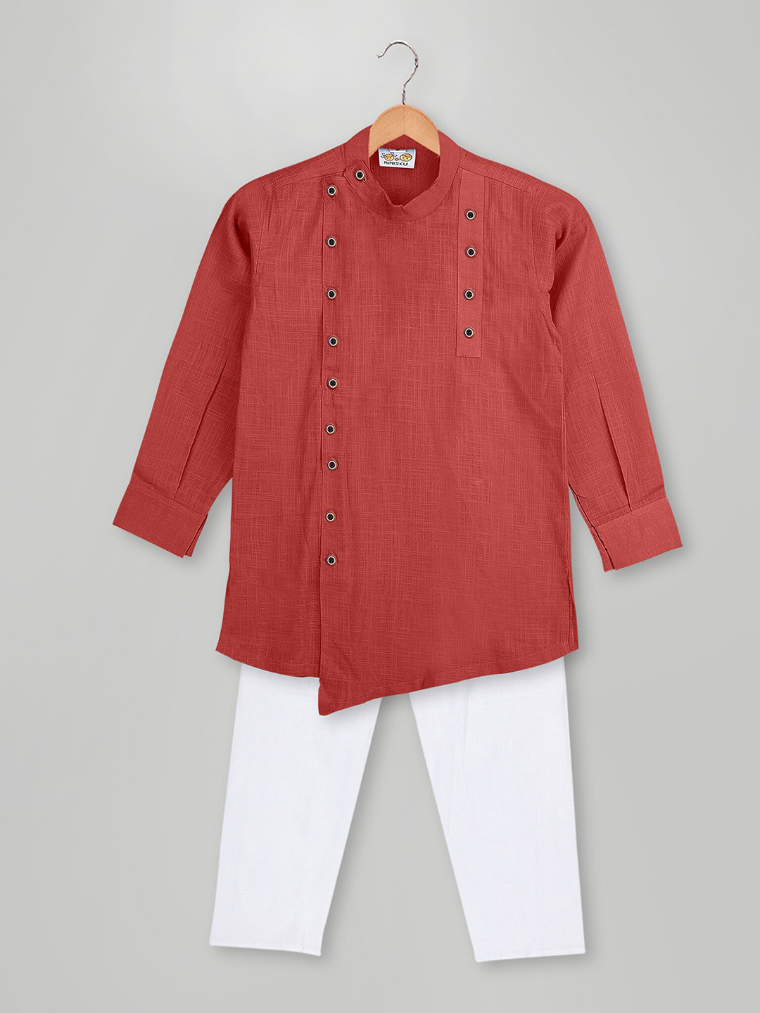 

MIMISKU Boys Mandarin Collar Pure Cotton Asymmetric Kurta With Pyjamas, Red