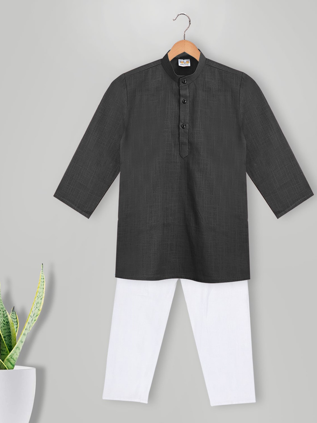 

MIMISKU Boys Band Collar Pure Cotton Asymmetric Kurta With Pyjamas, Black