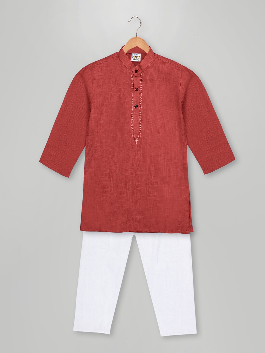 

MIMISKU Boys Band Collar Pure Cotton Asymmetric Kurta With Pyjamas, Red