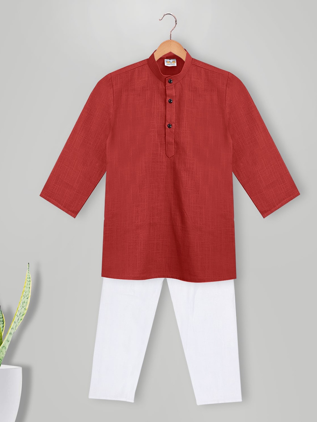 

MIMISKU Boys Band Collar Pure Cotton Asymmetric Kurta With Pyjamas, Red