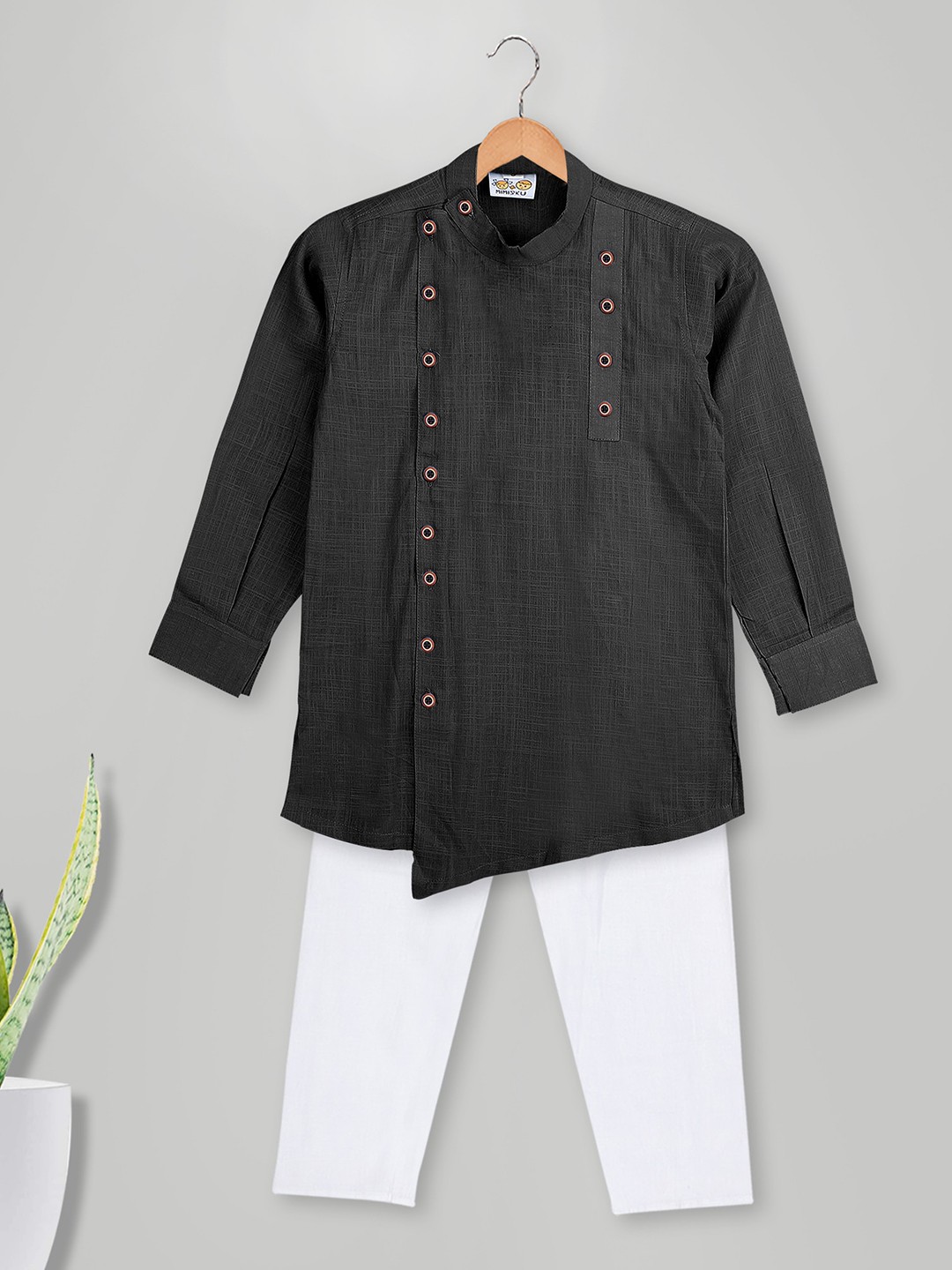 

MIMISKU Boys Band Collar Pure Cotton Asymmetric Kurta With Pyjamas, Black