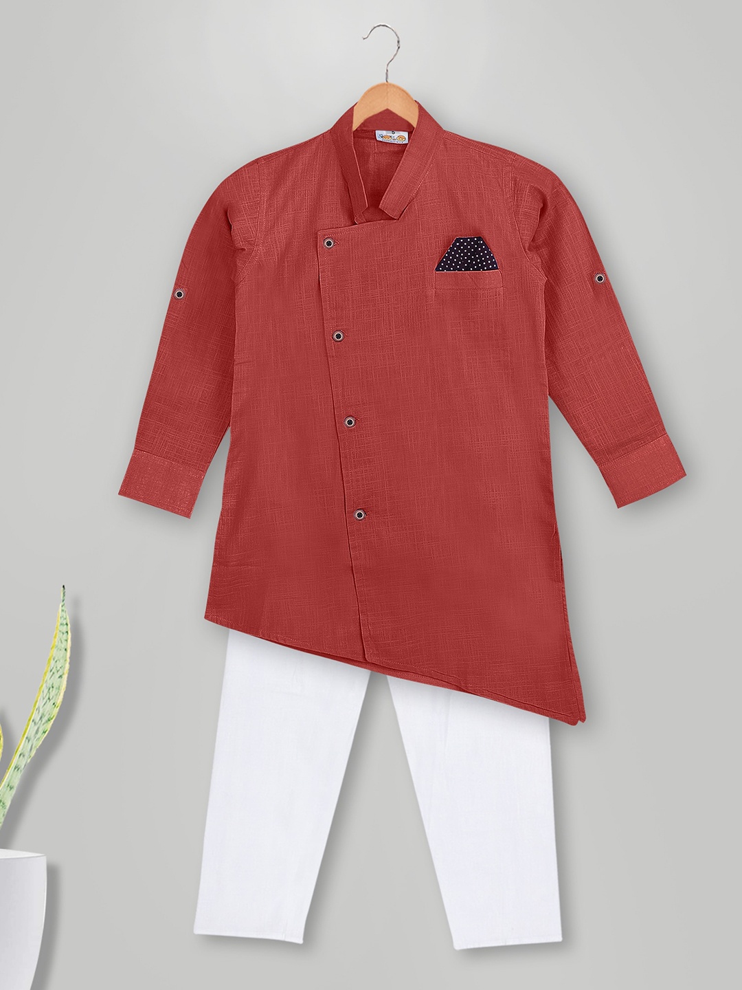 

MIMISKU Boys Mandarin Collar Pure Cotton Asymmetric Kurta With Pyjamas, Red