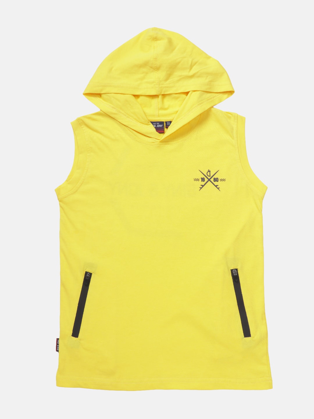 

Gini and Jony Boys Typography Printed Hooded Sleeveless Cotton T-shirt, Yellow