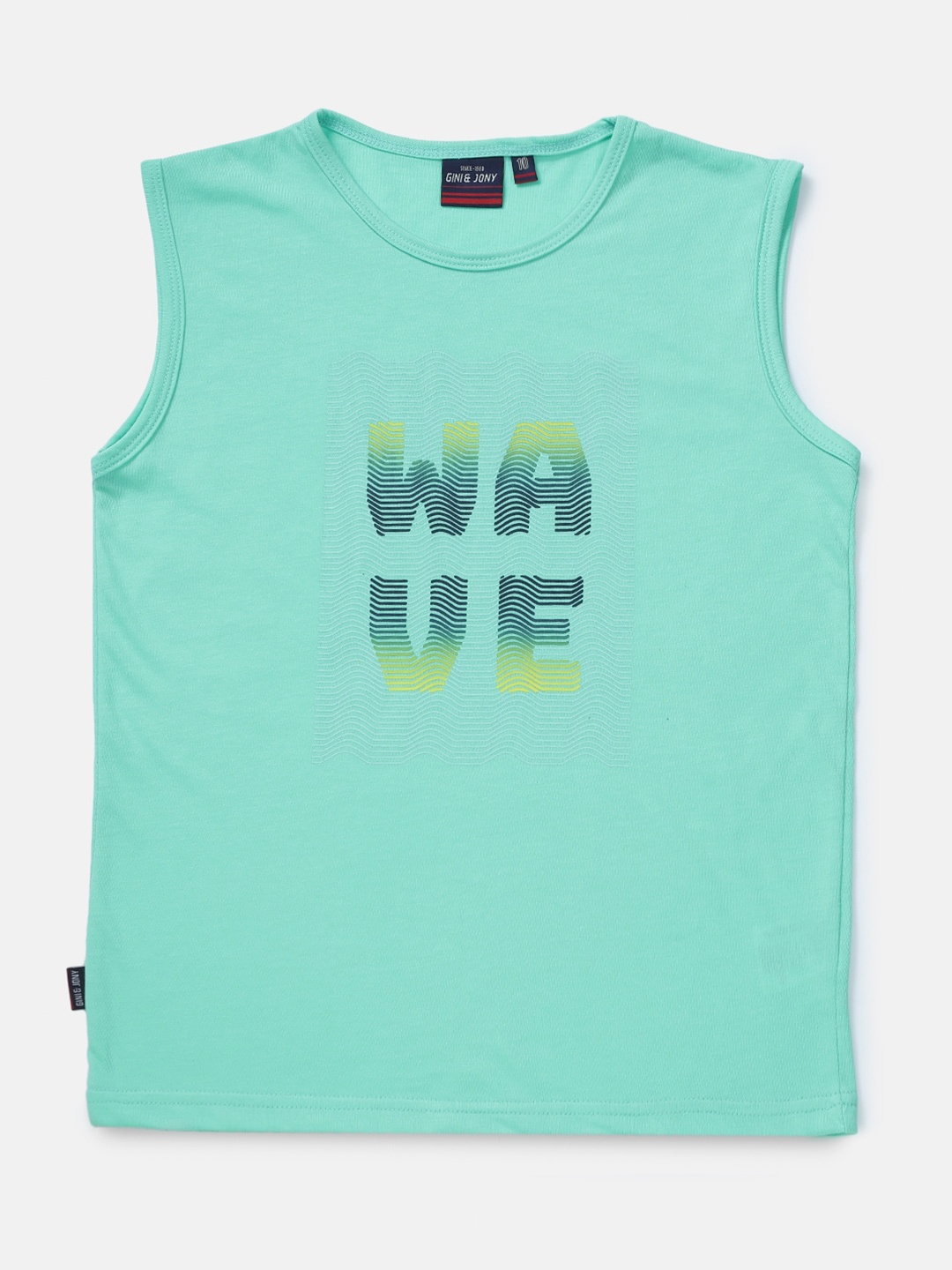 

Gini and Jony Boys Typography Printed Sleeveless Cotton T-shirt, Sea green