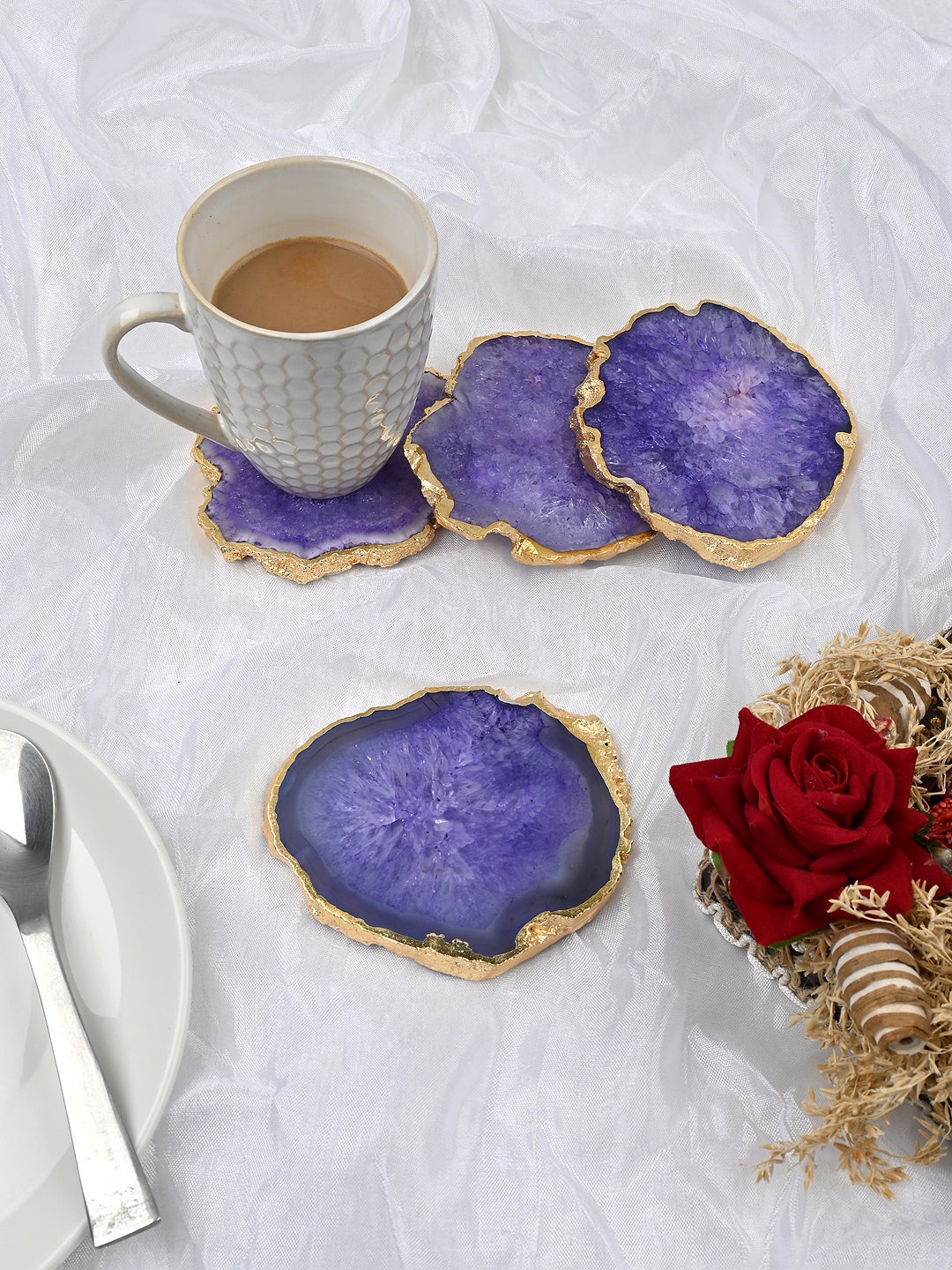 

HOMEARTE 4 Pieces Agate Coasters With Gold Edge, Blue