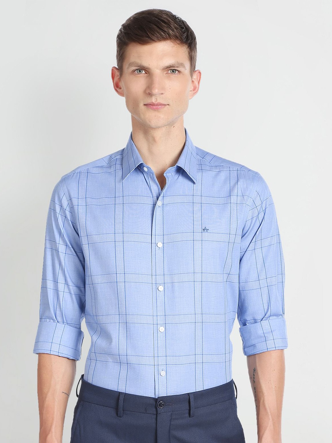 

Arrow New York Slim Fit Windowpane Checked Pure Cotton Formal Shirt, Blue