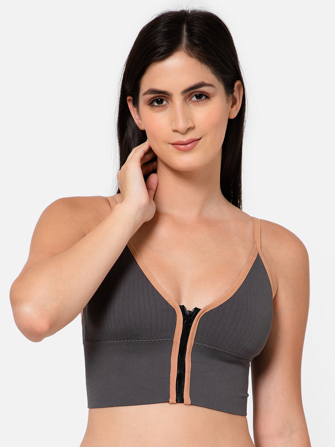 

INFINIUM Dry-Fit Indy Zip Front Sports Workout Bra, Grey