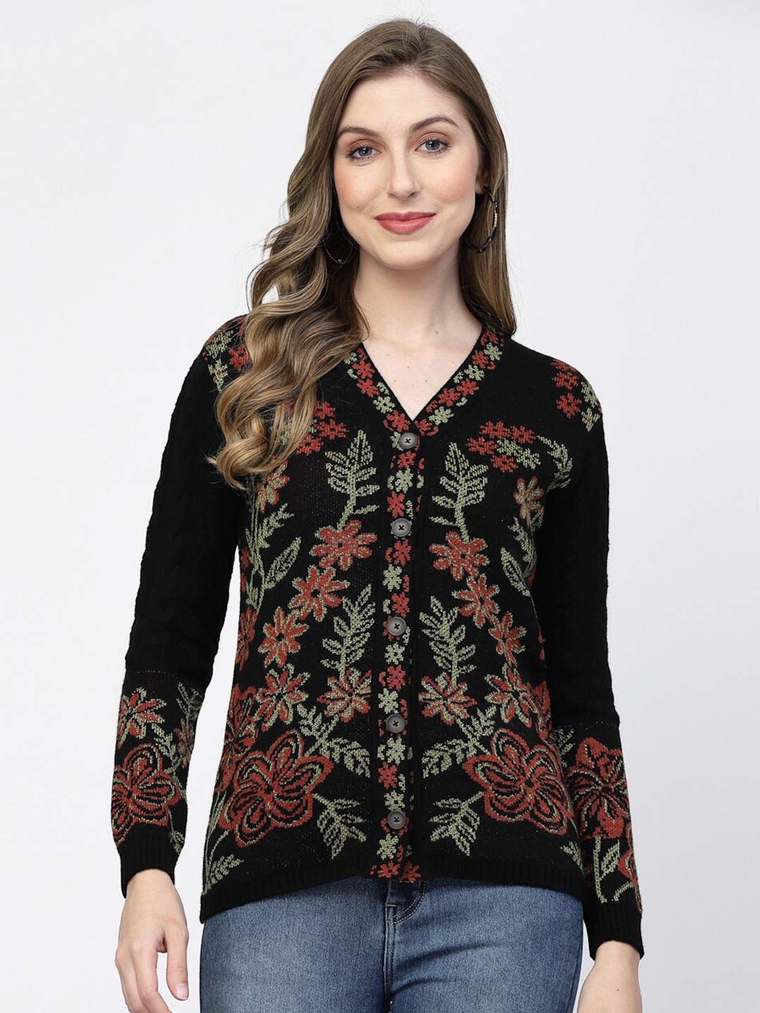 

Kalt Floral Printed Acrylic Cardigan, Black
