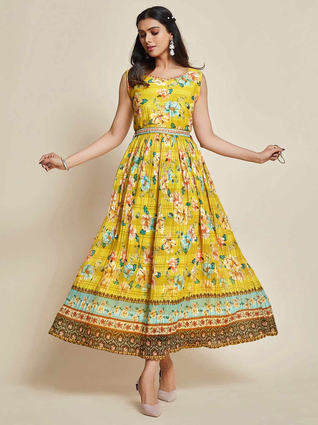 

Ishin Yellow Floral Printed Jacquard Fit & Flare Maxi Dress With Belt
