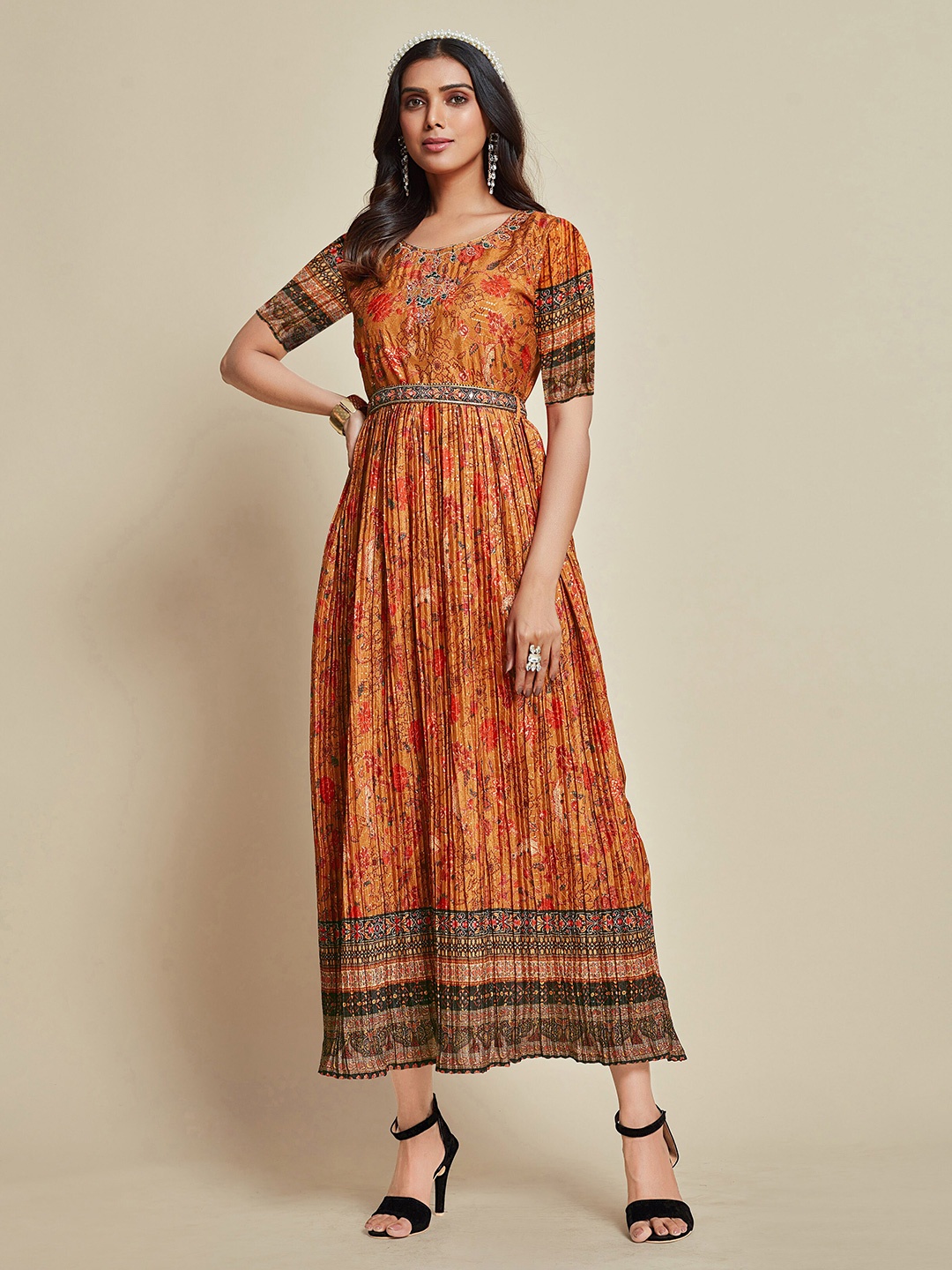 

Ishin Ethnic Motifs Print Crepe Maxi Ethnic Dress, Rust