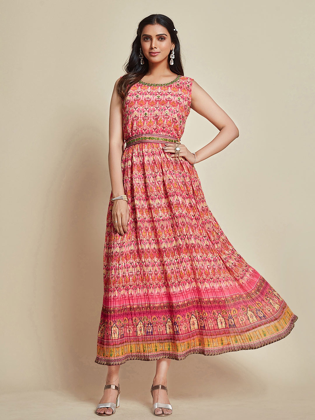 

Ishin Ethnic Motifs Print Jacquard Maxi Ethnic Dress, Peach