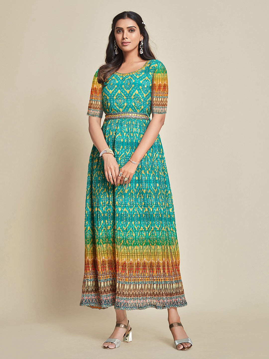 

Ishin Ethnic Motifs Print Jacquard Maxi Ethnic Dress, Sea green