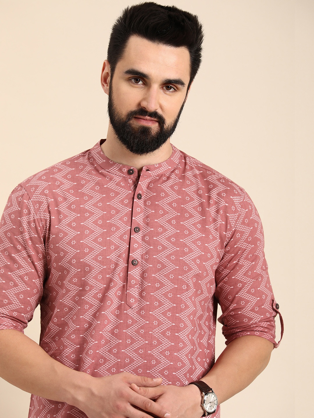 

Anouk Men Geometric Printed Cotton Kurta, Mauve