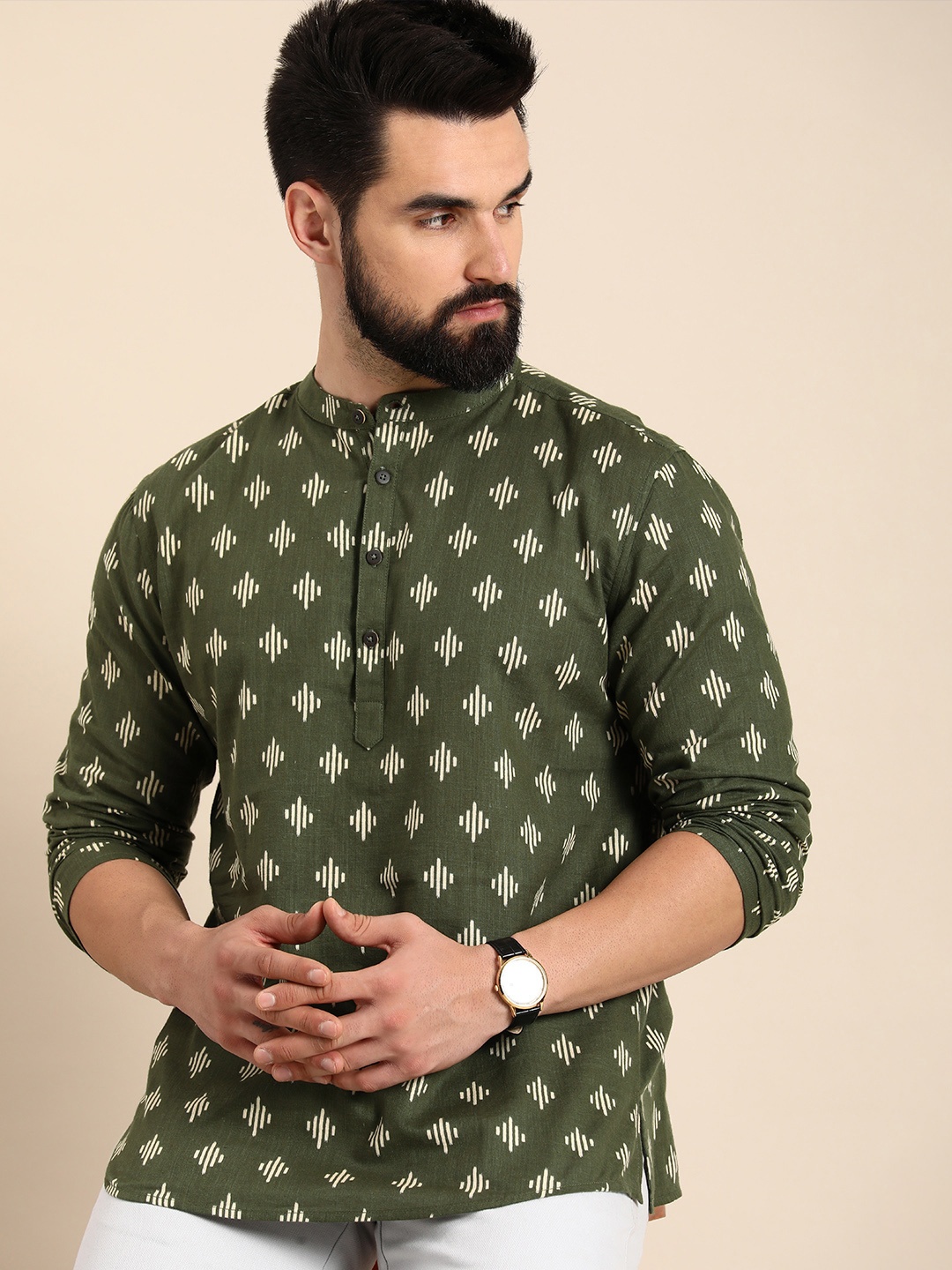 

Anouk Men Geometric Printed Cotton Kurta, Green
